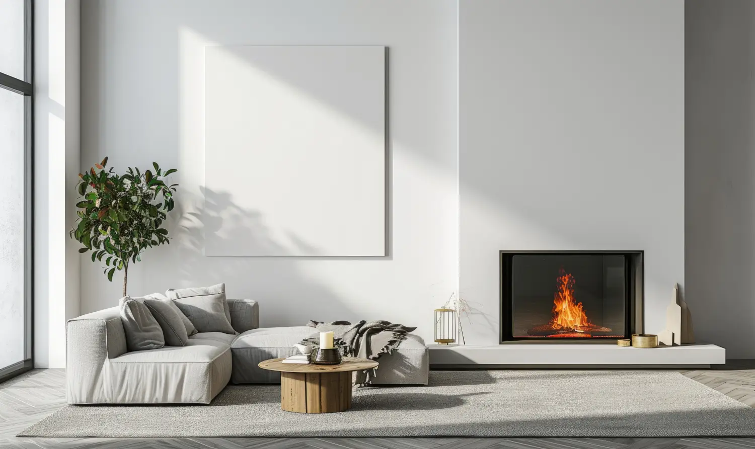 Interieur eines modernen Wohnzimmers mit weißen Wänden, Betonboden, bequemem Sofa mit Kissen, Couchtisch und nachgebautem Posterrahmen