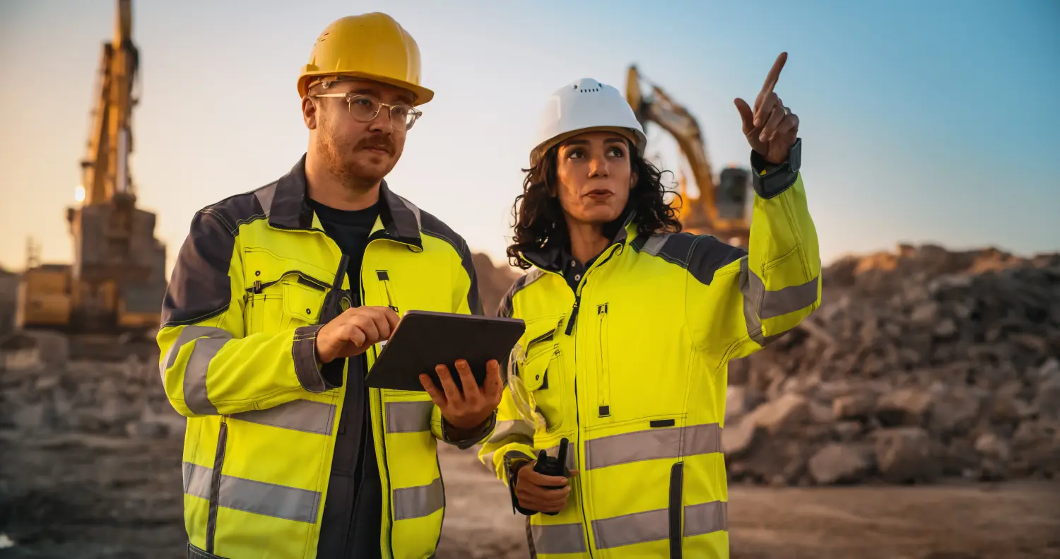 Kaukasischer männlicher Bauingenieur im Gespräch mit einer hispanischen Inspektorin und Verwendung eines Tablet-Computers auf der Baustelle eines neuen Gebäudes. Real Estate Developers Discussing Business, Bagger arbeiten.