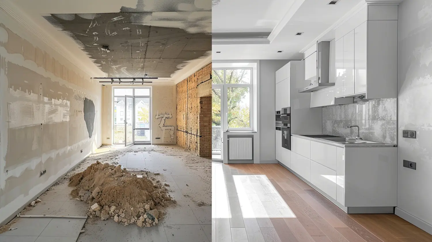Vorher und Nachher einer modernen Wohnküche in einem renovierten Haus