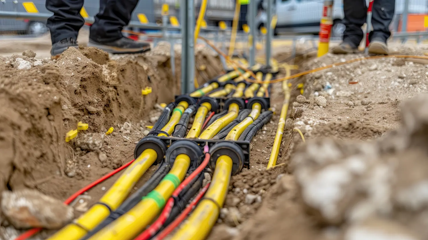 Black electrical cables are laid in a trench along a dirt road during construction