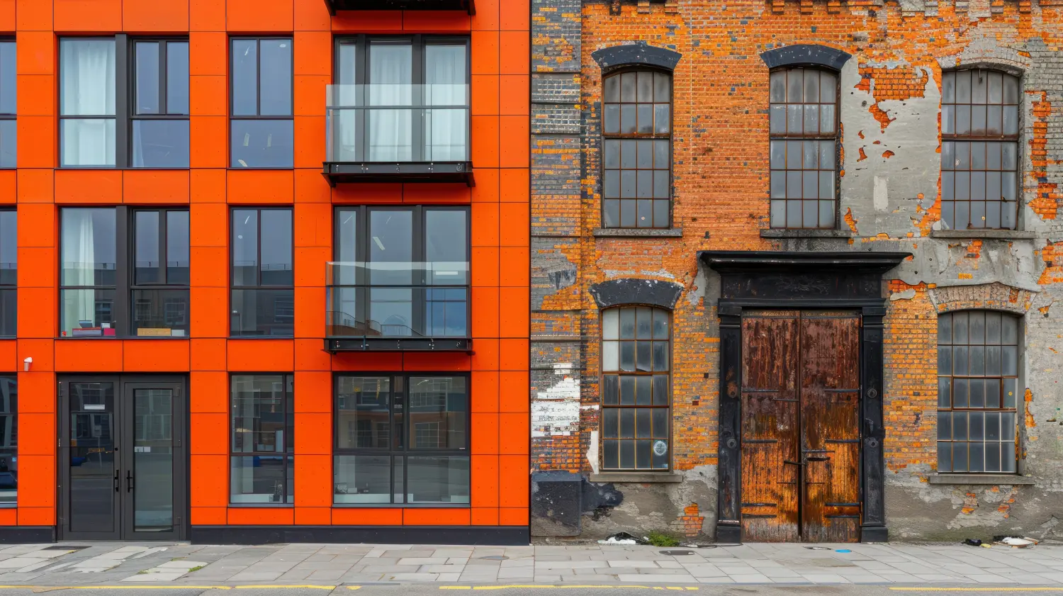 Alt gegen Neu, Alt oder Neu. Ein modernes orangefarbenes Gebäude mit großen Fenstern und einer Tür steht neben einem alten Backsteinbau mit abblätternder Farbe und einer großen, rostigen Tür