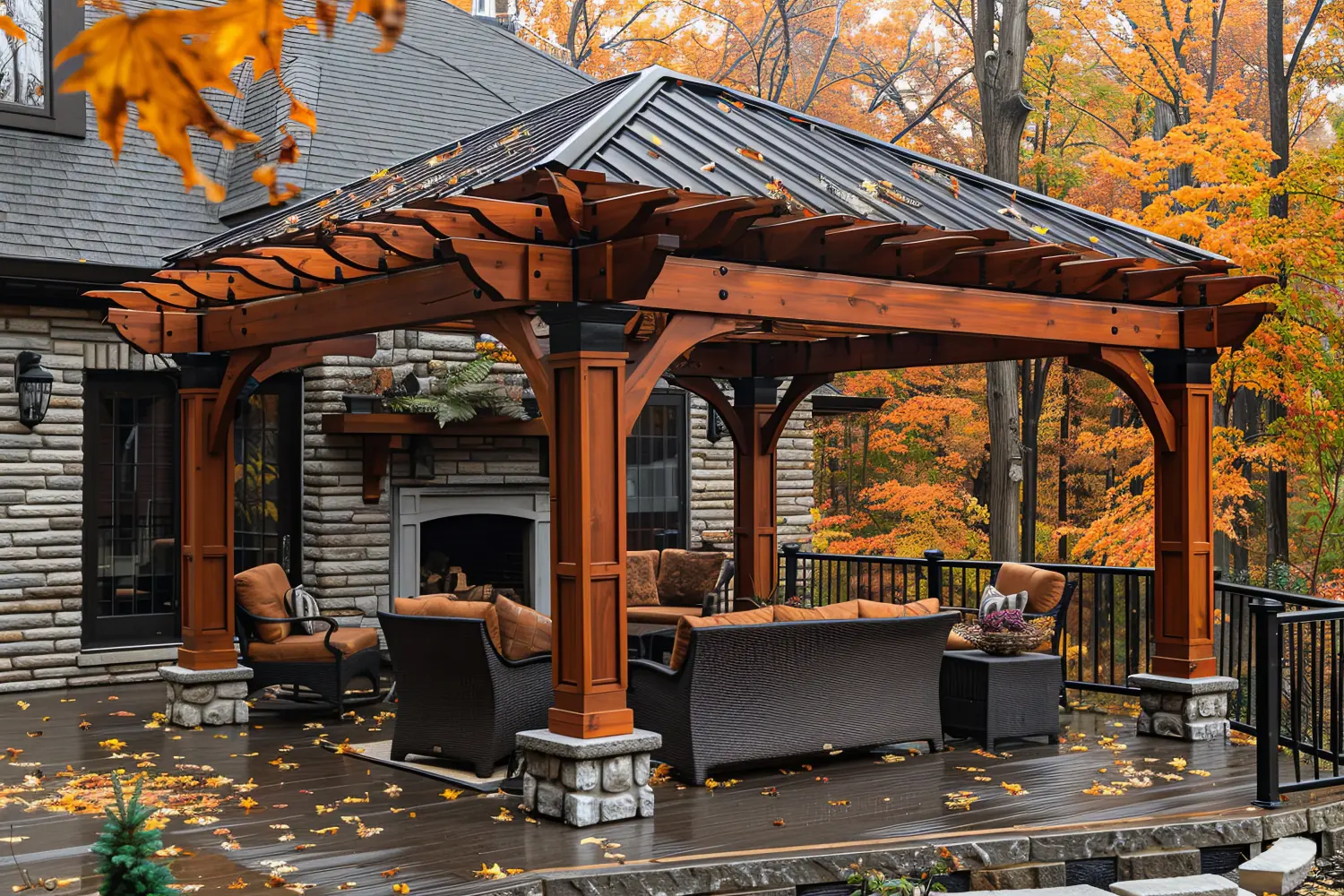 Rustikales Pergola-Paradies: Outdoor-Wohnbereich mit gemütlichen Sitzgelegenheiten und Feuerstelle