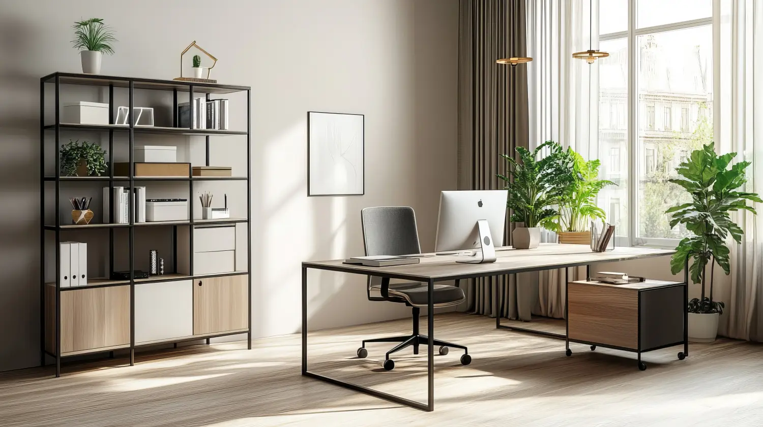Eine helle und luftige Büroeinrichtung mit einem eleganten Tisch mit einem modernen Computer, ergänzt durch ein stilvolles Regal.